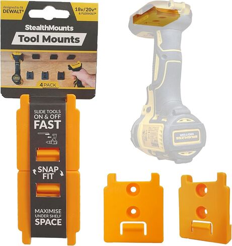 حامل أدوات StealthMounts Locking DeWalt، 4 عبوات من شماعات أدوات DeWalt | حامل أدوات ديوالت مثبت على الحائط | تخزين أدوات ديوالت | حامل مثقاب ديوالت | مقطع مثقاب ديوالت | المحرز في المملكة المتحدة in Saudi Arabia