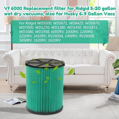 فلتر Vf6000 لRidgid Shop Vac 5-20 جالون للمكانس الكهربائية الرطبة والجافة WD5500 WD0671 WD6425 WD7000 WD1280 WD1851 WD1680، فلتر لـ Husky Vacs 6-9 جالون (2 قطعة مرشحات VF6000 + 3 قطع VF3502 أكياس) in Kuwait