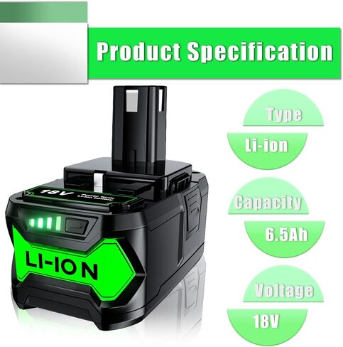 POWTREE 18V 6.5Ah P108 بطارية ليثيوم أيون بديلة لبطارية Ryobi 18V ONE+ P108 P102 P103 P104 P105 P107 P109 P122 بطارية أدوات الطاقة اللاسلكية مع مؤشر LED 2 حزمة + مبدل in Kuwait