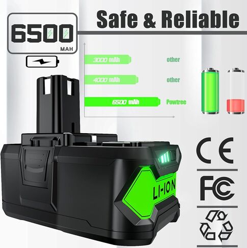POWTREE 18V 6.5Ah P108 بطارية ليثيوم أيون بديلة لبطارية Ryobi 18V ONE+ P108 P102 P103 P104 P105 P107 P109 P122 بطارية أدوات الطاقة اللاسلكية مع مؤشر LED 2 حزمة + مبدل in Kuwait