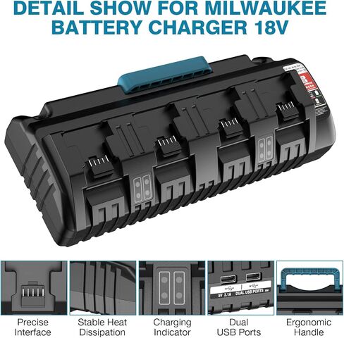 YEX-BUR محطة شاحن بطارية ذات 4 منافذ متوافقة مع ميلووكي 18 فولت استبدال بطارية ليثيوم أيون لشاحن بطارية M18 أدوات كهربائية للشحن السريع مع منفذي USB in Kuwait