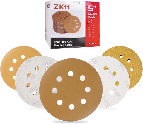 ZKH 100 PCS 5 Inch Sanding Discs, 8 Hole Hook and Loop Sanding Discs 60/80/120/180/240/320/400 Assorted Grits Sandpaper for Random Orbital Sander, Red in Kuwait