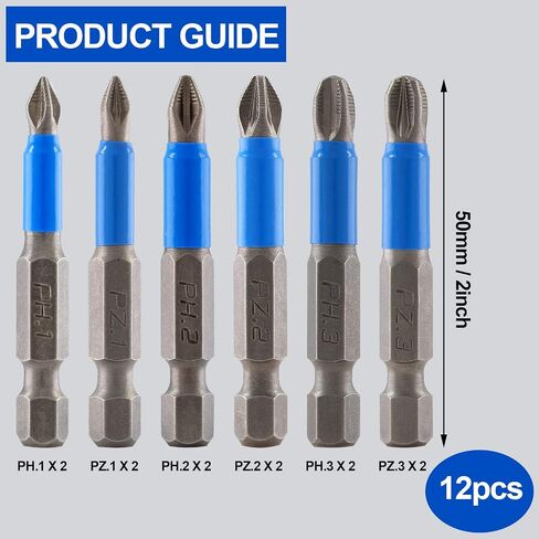 Litoexpe 12 Pcs Magnetic Anti-Slip Screwdriver Bits Set, PH1 PH2 PH3 PZ1 PZ2 PZ3, Impact Driver Bit Set 1/4 Inch Hex Shank Phillips Screw Head Screwdriver Bits in Kuwait