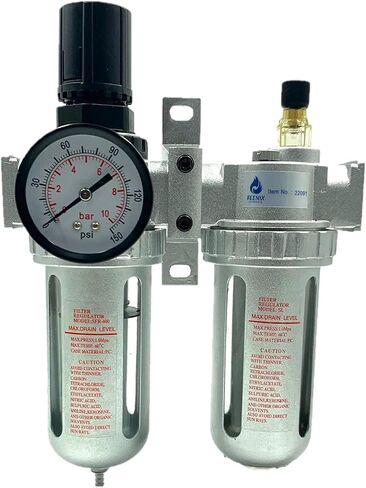 FEENIX Pro Products 22091 Air Filter Regulator & Lubricator Combo 1/2 inch NPT, 5 Micron Element, Poly Bowl - Compressor Air Filter Air Pressure Regulator Water-Oil Separator Trap Filter, Black/Gray in Saudi Arabia