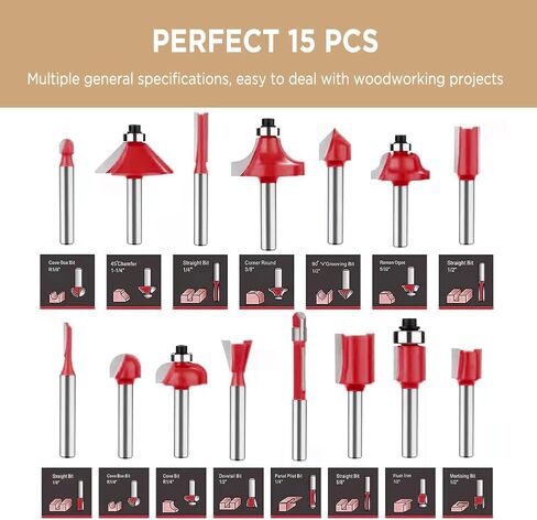 مجموعة لقم التوجيه من LeuMuas مكونة من 15 قطعة من أدوات الأعمال الخشبية مقاس 1/2 بوصة، مجموعة لقم التوجيه للمبتدئين DIY، مشروع النجارة مع حقيبة تخزين in Kuwait