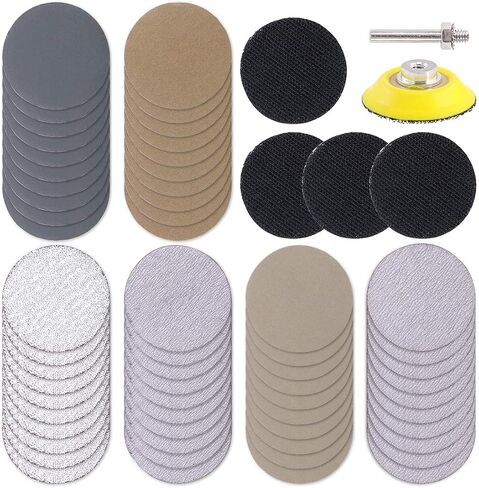 Swpeet 65Pcs 2 Inch High Performance Assorted Grit 60 320 800 2500 4000 7000 White Dry and Waterproof Hook Loop Sanding Discs with 2" Sanding Pad 1/4 inch Shank and Soft Foam-Backed Interface Buffer in Saudi Arabia