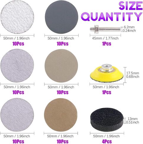 Swpeet 65Pcs 2 Inch High Performance Assorted Grit 60 320 800 2500 4000 7000 White Dry and Waterproof Hook Loop Sanding Discs with 2" Sanding Pad 1/4 inch Shank and Soft Foam-Backed Interface Buffer in Saudi Arabia