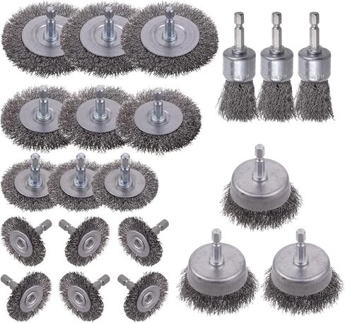 WENORA 21 Pcs Wire Brush for Drill Set, Wire Cup Brush for Drill, Wire Wheel for Drill 1/4 Inch Hex Shank, Coarse Carbon Steel Crimped Wire Wheel,Wire Brush Drill Attachment for Cleaning Rust in Kuwait