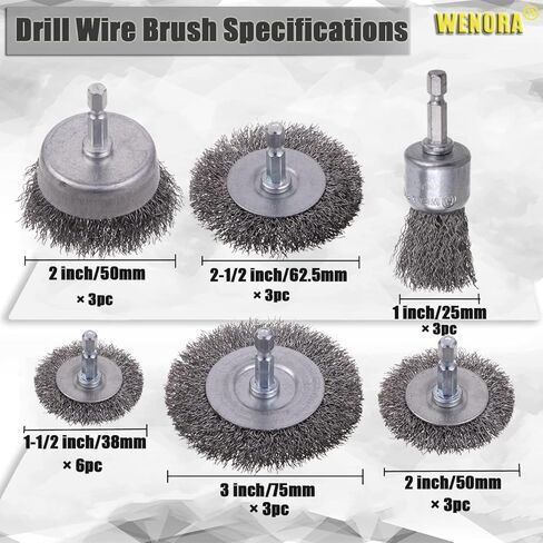 WENORA 21 Pcs Wire Brush for Drill Set, Wire Cup Brush for Drill, Wire Wheel for Drill 1/4 Inch Hex Shank, Coarse Carbon Steel Crimped Wire Wheel,Wire Brush Drill Attachment for Cleaning Rust in Kuwait