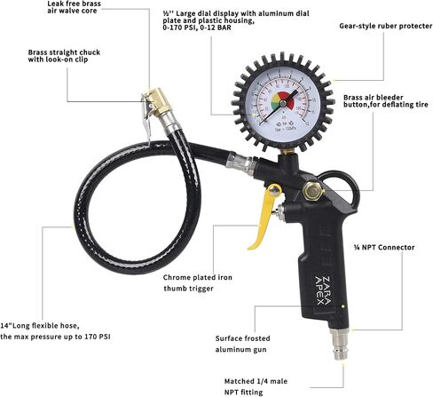ZaraApex Heavy Duty Air Compressor Accessory Kit, Tire Inflator with Pressure Gauge and Air Blow Gun with Steel Air flow Extension in Kuwait