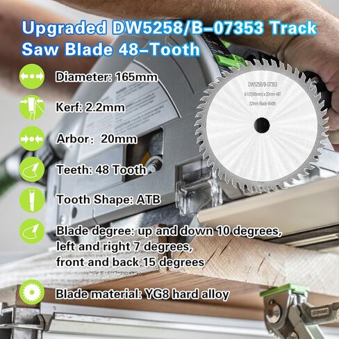 Upgraded B-07353 DW5258 Carbide Tipped Track Saw Blade Compatible with Makita SP6000 DEWALT DWS520CK DWS520LK DWS520SK Wen CT1065 Series Circular Saw,165x2.2x20mm 6-1/2" 48Tooth ATB in Kuwait