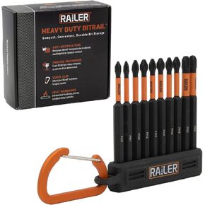Railer Phillips Screwdriver Bit Set - Premium S2 Steel 3-1/2 Inch Phillips Impact Driver 10-Piece Bit Set With A Storage Bit Holder & Carabiner