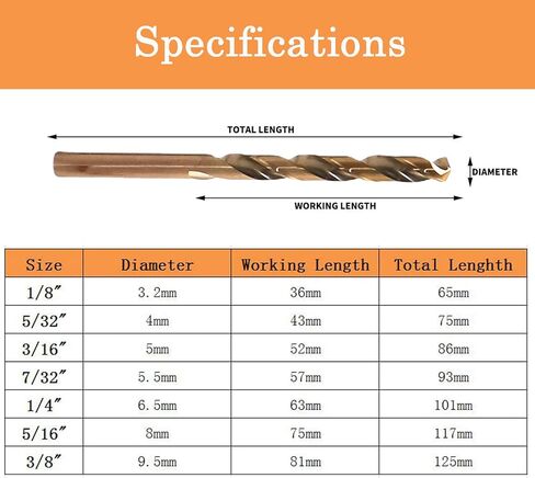 لقم الثقب الكوبالت، مجموعة لقم الثقب المعدنية M35 HSS بطول الوظيفة، مناسبة للحفر في المعدن الصلب، الفولاذ المقاوم للصدأ، الحديد الزهر (5/16 بوصة (5 قطع)) in Kuwait