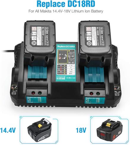 Powerextra DC18RD شاحن مزدوج لبطارية ليثيوم أيون 14.4 فولت 18 فولت، BL1415 BL1430 BL1440 BL1840 BL1850 BL1850B BL1860B إلخ، استبدل DC18RD DC18RC DC18SF DC18RA DC18RF in Kuwait