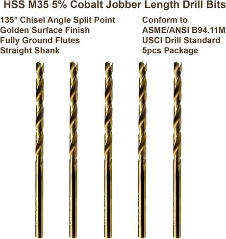 MAXTOOL No.10 5pcs Identical Jobber Length Drills Dia 0.1935" HSS M35 Cobalt Twist Drill Bits Wire Gauge Numbered Golden Straight Drill; JBN35G10R10P5 in Saudi Arabia