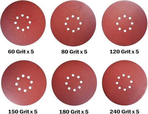 مجموعة اقراص صنفرة للحوائط الجافة بخطاف وحلقة مقاس 9 انش و8 فتحات، 5 قطع لكل منها 60 80 120 150 180 240 حبيبات، مجموعة متنوعة من اقراص الصنفرة للاثاث الخشبي والحوائط الجافة، 30 قطعة in Kuwait