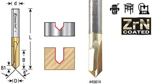 Amana Tool 45615 Zero-Point Solid Carbide V Groove 60 Deg x 1/4 D x 3/4 CH x 1/4 Inch SHK ZrN Coated Router Bit in Saudi Arabia