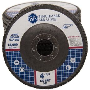 Benchmark Abrasives 4.5" x 7/8" Premium High-Density Jumbo Zirconia Type 27 Flap Discs for Sanding, Stock and Rust Removal, Finishing, Grinding, Deburring (10 Pack) - 40 Grit