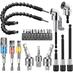 Voittozege 24 pcs Flexible Drill Bit Extension Set 105° Right Angle Drill Attachmen Screwdriver Bit Sets Rotatable Joint Socket Universal Socket Adapter Set for Fine Finish