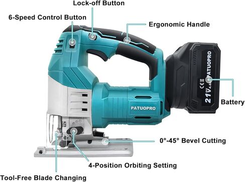 منشار PATUOPRO بدون فرشاة، منشار كهربائي لاسلكي 21 فولت، سرعة قابلة للتعديل 500-3000 SPM، قطع مائل، بطارية 4.0 أمبير وشاحن سريع، مع شفرات قطعتين in Kuwait