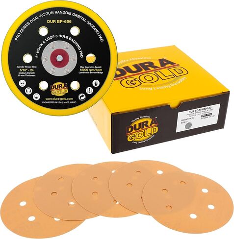 Dura-Gold 400 Grit 6" Sandpaper Discs, 6 Hole Pattern & 6" Hook & Loop DA Backing Plate in Saudi Arabia
