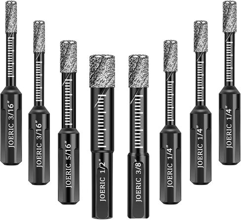 JOERIC Black Dry Diamond Bits Set, 8 PCS Diamond Hole Saw Kit with Storage Bottle for Granite Marble Tile Ceramic Stone Glass Hard Materials (Not for Wood) Triangle Shank with Size 3/16 to 1/2 inches in Kuwait