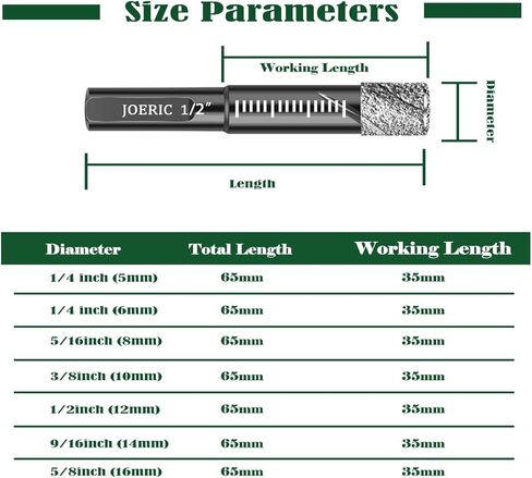 JOERIC Black Dry Diamond Bits Set, 8 PCS Diamond Hole Saw Kit with Storage Bottle for Granite Marble Tile Ceramic Stone Glass Hard Materials (Not for Wood) Triangle Shank with Size 3/16 to 1/2 inches in Kuwait