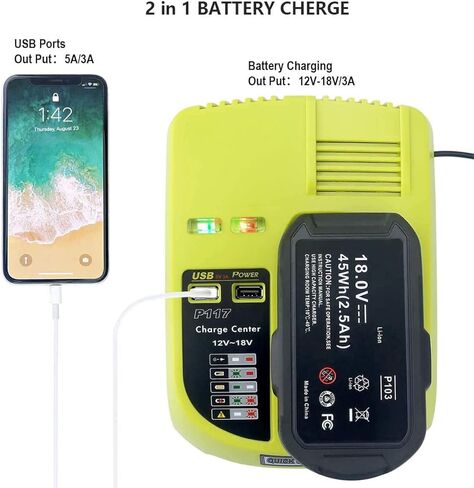 2 حزمة 3.6Ah 18V P102 استبدال البطارية لبطارية Ryobi 18 فولت وشاحن كومبو استبدال لبطارية Ryobi 18 فولت ومحطة شحن شاحن P117 المتوافقة مع مجموعة أدوات بدء التدريبات Ryobi 18 فولت in Kuwait