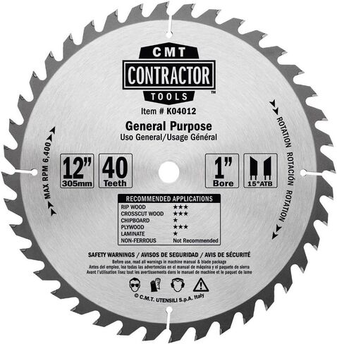 CMT K04012 ITK Contractor General Purpose Saw Blade, 12 x 40 Teeth, 10° ATB with 1-Inch bore in Saudi Arabia