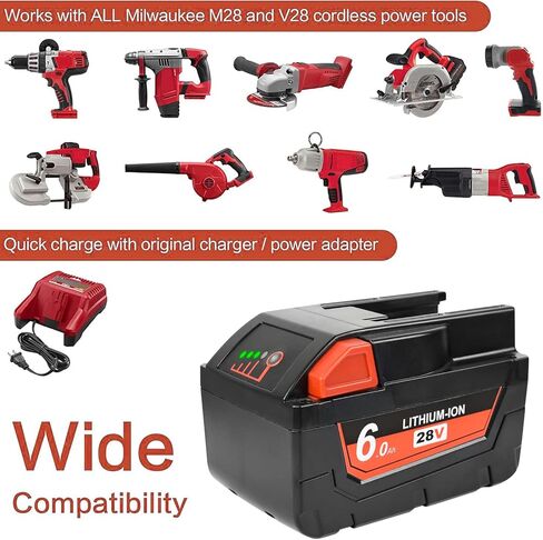 بطارية بديلة مطورة 2 حزمة 6.0 أمبير 28 فولت لميلووكي M28 48-11-2830 V28 بطارية أدوات كهربائية لاسلكية مع مقياس الوقود LED - 【عبوتان】 in Kuwait