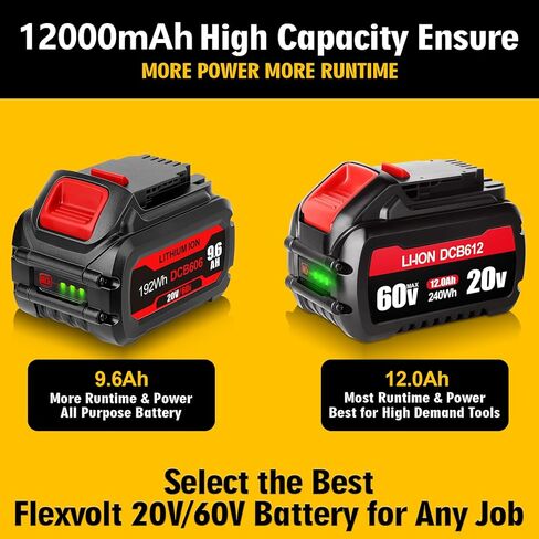 JIALIPOK DCB606 12.0Ah Replacement for Dewalt FlexVolt 20V/60V MAX Battery, Compatible with Dewalt 20V/60V MAX DCB606-2 DCB609 DCB612 DCB200 Cordless Power Tools Lithium-Ion Batteries and Chargers in Kuwait