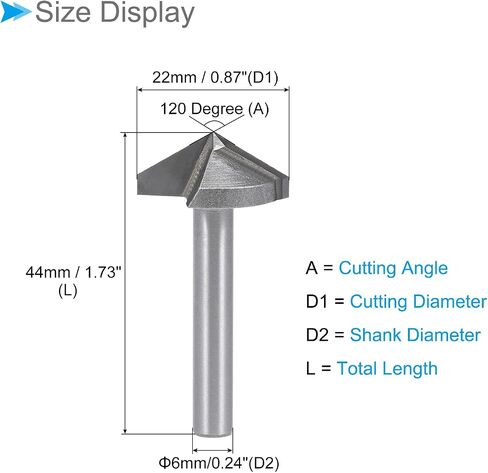 CoCud V Groove Router Bit, 22mm Cutting Diameter 6mm Shank 120 Degree, Carbide Tip V Grooving Bit - (Applications: for Woodworking Grooves Making), 1-Piece in Saudi Arabia
