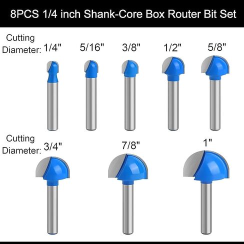 Core Box Router Bit Set, 8PCS 1/4" Shank Round Nose Router Bits, Cutting Diameter 1/4" 5/8" 1/2" 3/8" 7/8" 5/16" 3/4" 1", Carbide Double Flute Nose Bits for Woodworking in Saudi Arabia