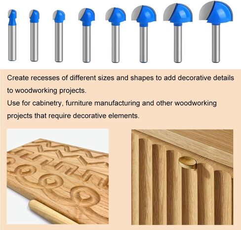 Core Box Router Bit Set, 8PCS 1/4" Shank Round Nose Router Bits, Cutting Diameter 1/4" 5/8" 1/2" 3/8" 7/8" 5/16" 3/4" 1", Carbide Double Flute Nose Bits for Woodworking in Saudi Arabia