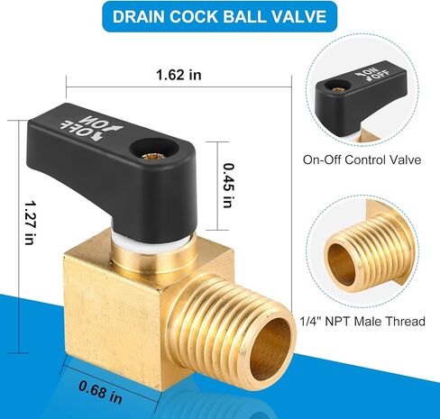 صمام كروي للصرف النحاسي، صمام كروي صغير لضاغط الهواء مع صمام تشغيل وإيقاف وخيط ذكر 1/4 بوصة NPT، شريط ختم - قطعتان in Kuwait