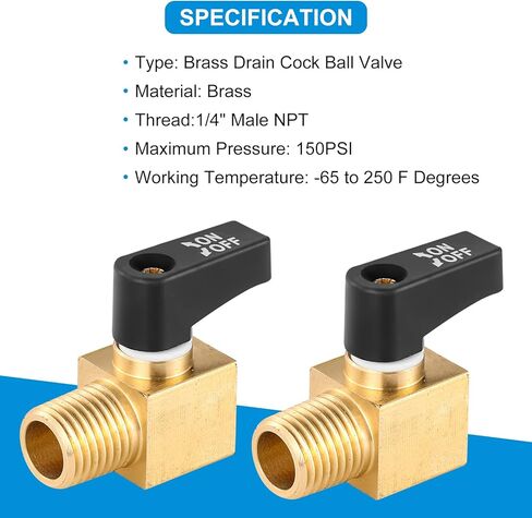 صمام كروي للصرف النحاسي، صمام كروي صغير لضاغط الهواء مع صمام تشغيل وإيقاف وخيط ذكر 1/4 بوصة NPT، شريط ختم - قطعتان in Kuwait