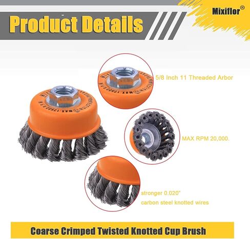 فرشاة كأس سلكية معقودة من Mixiflor مكونة من قطعتين لمطاحن الزوايا، 5/8 بوصة - 11 شجرة ملولبة، عجلة أسلاك من الفولاذ الكربوني 0.02 بوصة لمطحنة الزوايا، لإزالة الصدأ in Kuwait