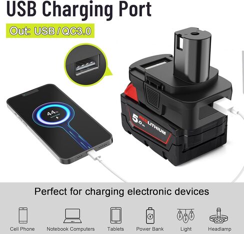 محول محول بطارية DM18RL مع منفذ USB للاستخدام مع أدوات بطارية ليثيوم Ryobi 18 فولت، يحول بطارية ليثيوم أيون ديوالت 20 فولت أو بطارية ليثيوم أيون ميلووكي M18 18 فولت إلى بطارية ليثيوم أيون ريوبي 18 فولت in Kuwait