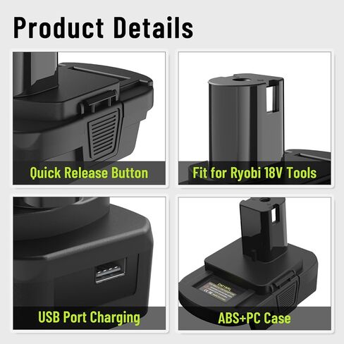 محول محول بطارية DM18RL مع منفذ USB للاستخدام مع أدوات بطارية ليثيوم Ryobi 18 فولت، يحول بطارية ليثيوم أيون ديوالت 20 فولت أو بطارية ليثيوم أيون ميلووكي M18 18 فولت إلى بطارية ليثيوم أيون ريوبي 18 فولت in Kuwait