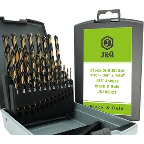 مجموعة لقم مثقاب J&Q 21 قطعة M2 HSS Jobber، مجموعة لقم مثقاب شديدة التحمل للمعادن، أسود وذهبي عالي السرعة من الصلب الملتوي لقمة مثقاب معدنية مع نقطة تقسيم 135 درجة للصلب والنحاس والألومنيوم وسبائك الزنك والخشب والبلاستيك، تتضمن الأحجام 1 /16"، 5/64"، 3/32 in Kuwait