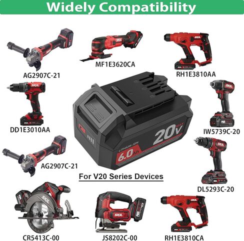 بطارية DMMNS بديلة 20 فولت 6000 مللي أمبير في الساعة SKIL BY519601 BY519702 BY519603 مع مؤشر شحن LED لبطارية أدوات الطاقة اللاسلكية من سلسلة SKIL 20V V20 (غير مناسبة لمنفاخ أوراق الشجر ومنشار دائري) in Kuwait