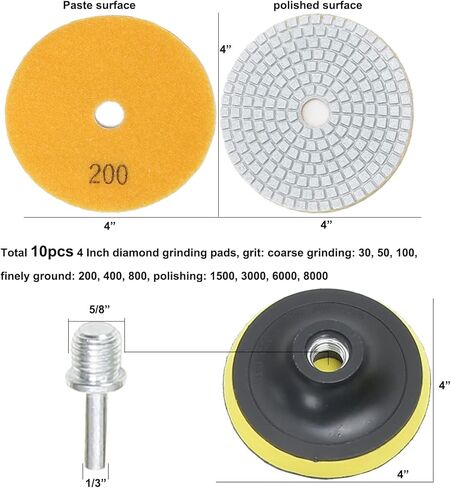 منصات طحن الماس 5 بوصة للبلاط، 10 قطع من ألواح تلميع الماس الرطب/الجاف، طقم تلميع حجر الجرانيت للخرسانة كونترتوب الرخام الكوارتز 50#~8000# مع وسادات داعمة خيط 5/8" in Kuwait