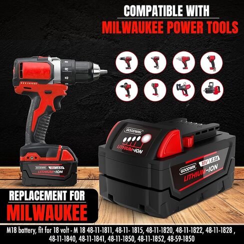 GOODWIN 48-11-1865 6.5Ah 18V Replacement Batteries Compatible with Milwaukee M18 48-11-1880, 48-11-1850, 48-11-1860, 48-11-1812, 48-11-1840, 48-11-1820-2 Pack in Saudi Arabia
