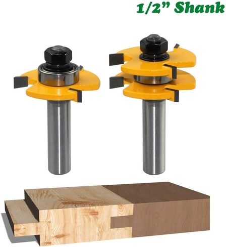 HSF 2PCS 3 أسنان على شكل T اللسان والأخدود مجموعة بت التوجيه مع عرقوب 1/2 بوصة، مجموعة أدوات التوجيه القابلة للتعديل لقطع الطحن الخشبي للخزانة والأرفف والأبواب وأدوات النجارة in Kuwait