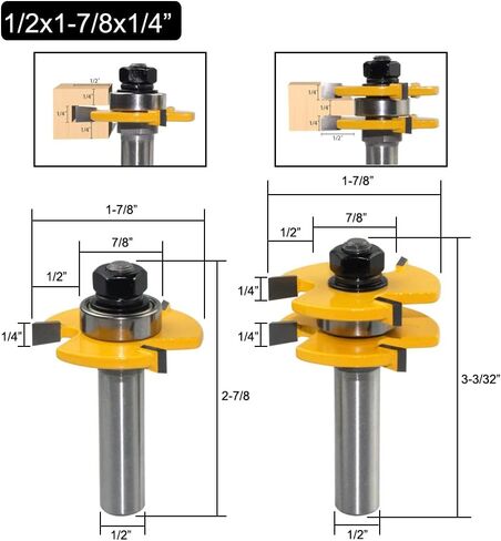 HSF 2PCS 3 أسنان على شكل T اللسان والأخدود مجموعة بت التوجيه مع عرقوب 1/2 بوصة، مجموعة أدوات التوجيه القابلة للتعديل لقطع الطحن الخشبي للخزانة والأرفف والأبواب وأدوات النجارة in Kuwait