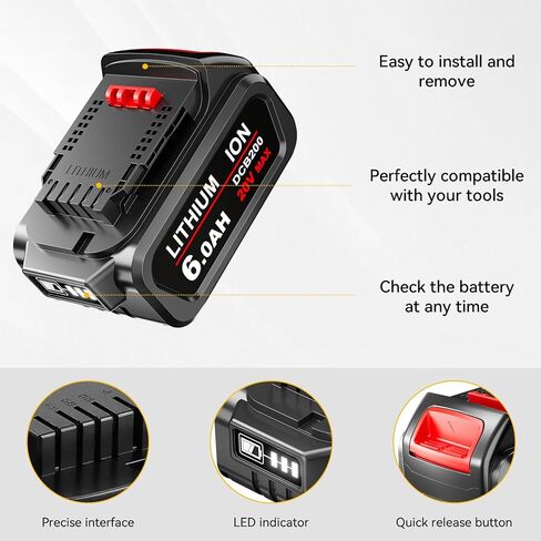 CEENR 2Pack 6.0Ah DCB206 استبدال البطارية لبطارية ليثيوم أيون DeWalt 20V MAX DCB204 DCB206 DCB201 DCB200 DCB203 DCB181 DCB180 DCD/DCF/DCG/DCS لاستبدال بطاريات DeWalt 20Volt in Kuwait