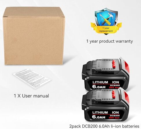 CEENR 2Pack 6.0Ah DCB206 استبدال البطارية لبطارية ليثيوم أيون DeWalt 20V MAX DCB204 DCB206 DCB201 DCB200 DCB203 DCB181 DCB180 DCD/DCF/DCG/DCS لاستبدال بطاريات DeWalt 20Volt in Kuwait