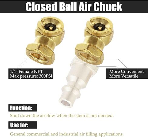 6 Pcs Portable Air Chuck Set 1/4 Inch Closed Ball Tire Chuck & 1/4 Inch NPT Dual Head Air Chuck, 2 Way Connection Tire Air Fill Kit For Inflator Gauge and Air Compressor in Kuwait