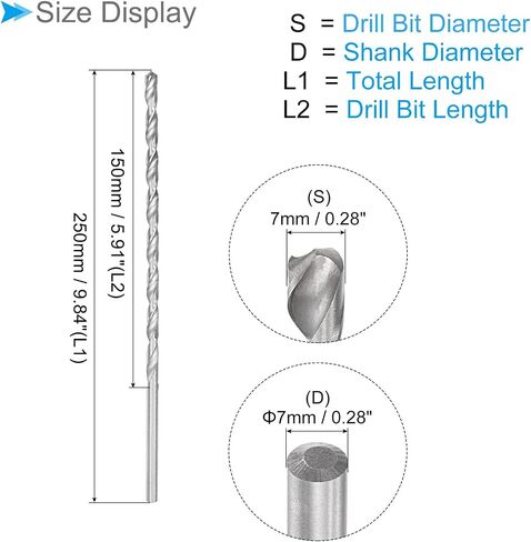 CoCud Extra Long Twist Drill Bit, 7mm Drill Diameter 250mm Total Length, High Speed Steel Twist Drill Bit - (Applications: for Copper Metal Woodwork) in Saudi Arabia