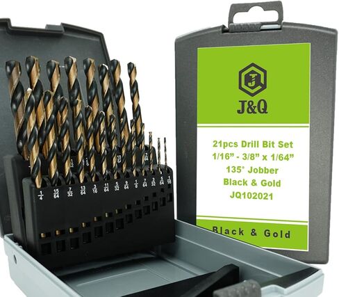 مجموعة لقم مثقاب J&Q 21 قطعة M2 HSS Jobber، مجموعة لقم مثقاب شديدة التحمل للمعادن، أسود وذهبي عالي السرعة من الصلب الملتوي لقمة مثقاب معدنية مع نقطة تقسيم 135 درجة للصلب والنحاس والألومنيوم وسبائك الزنك والخشب والبلاستيك، تتضمن الأحجام 1 /16"، 5/64"، 3/32 in Kuwait